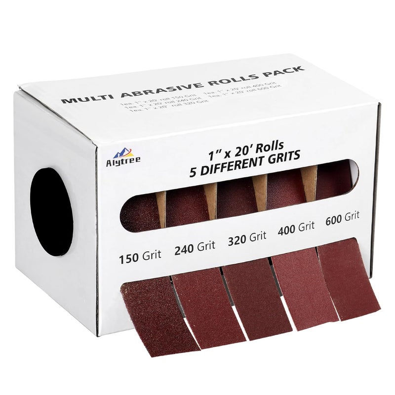 Alytree 5 Grits Emery Cloth Roll, 150 240 320 400 600 Grits Abrasive Sand Paper for Metal and Wood Furniture with Dispenser - 6M Red Sandpaper Rolls - Image 1